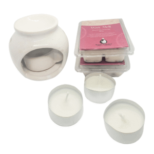 Kit Rechaud Porcelana +4 Mini Velas + 2 Wax Melts Romã com Rosa Rubra